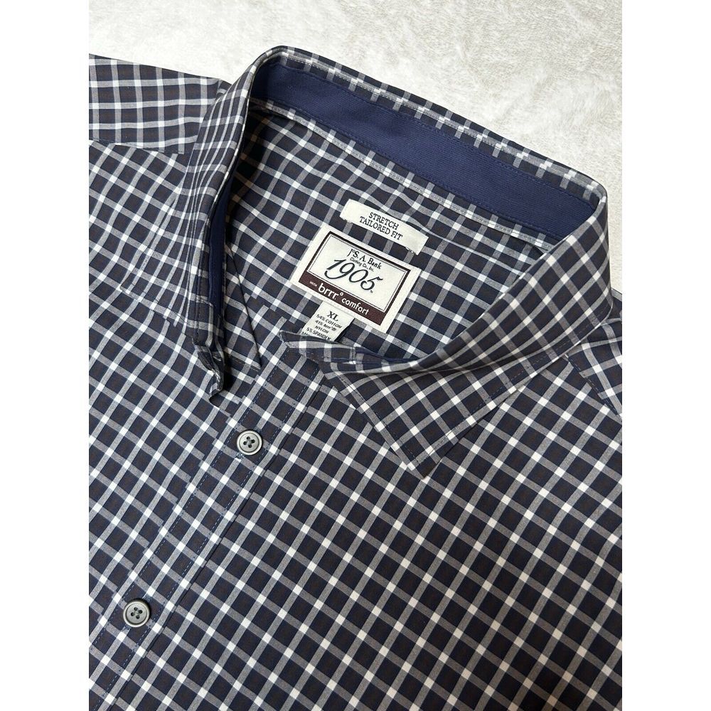 Jos A Bank Mens XL Stretch Tailored Fit Blue Plaid Long Sleeve Button Up Shirt